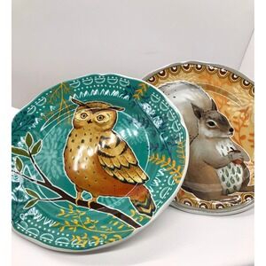 Pier 1 Imports Autumn Splendor Critters Owl Squirrel Salad Plates Set of 2 Teal